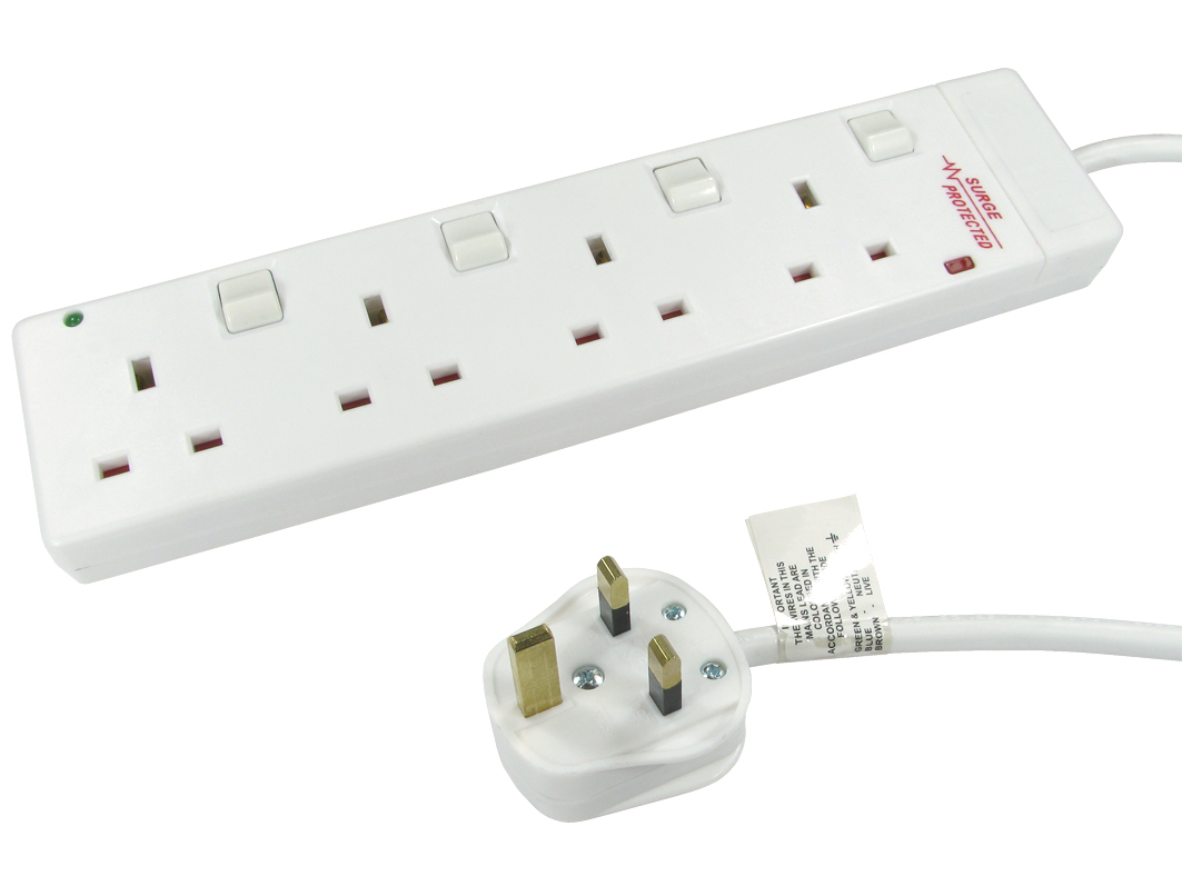 UK Switched Extension Lead Cable Electric Main Power 4 Gang Way Plug Socket 2M