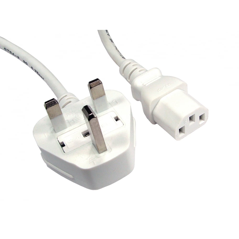 White UK Mains to IEC C13 Power Cable 1.8m