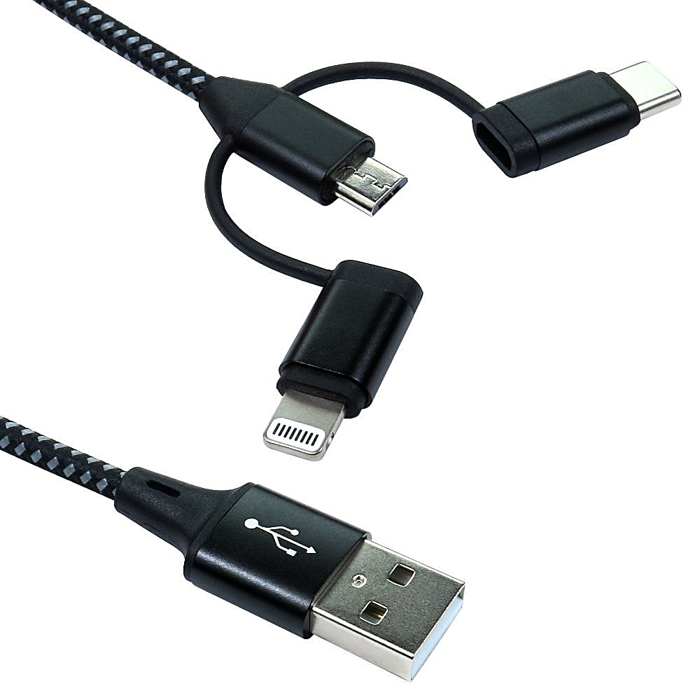 1m 3 in 1 USB Charging Cable, Micro USB, USB-C, Lightning, Black