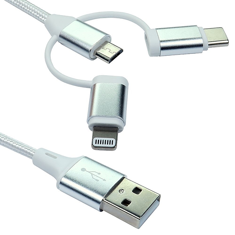 1m 3 in 1 USB Charging Cable, Micro USB, USB-C, Lightning, White
