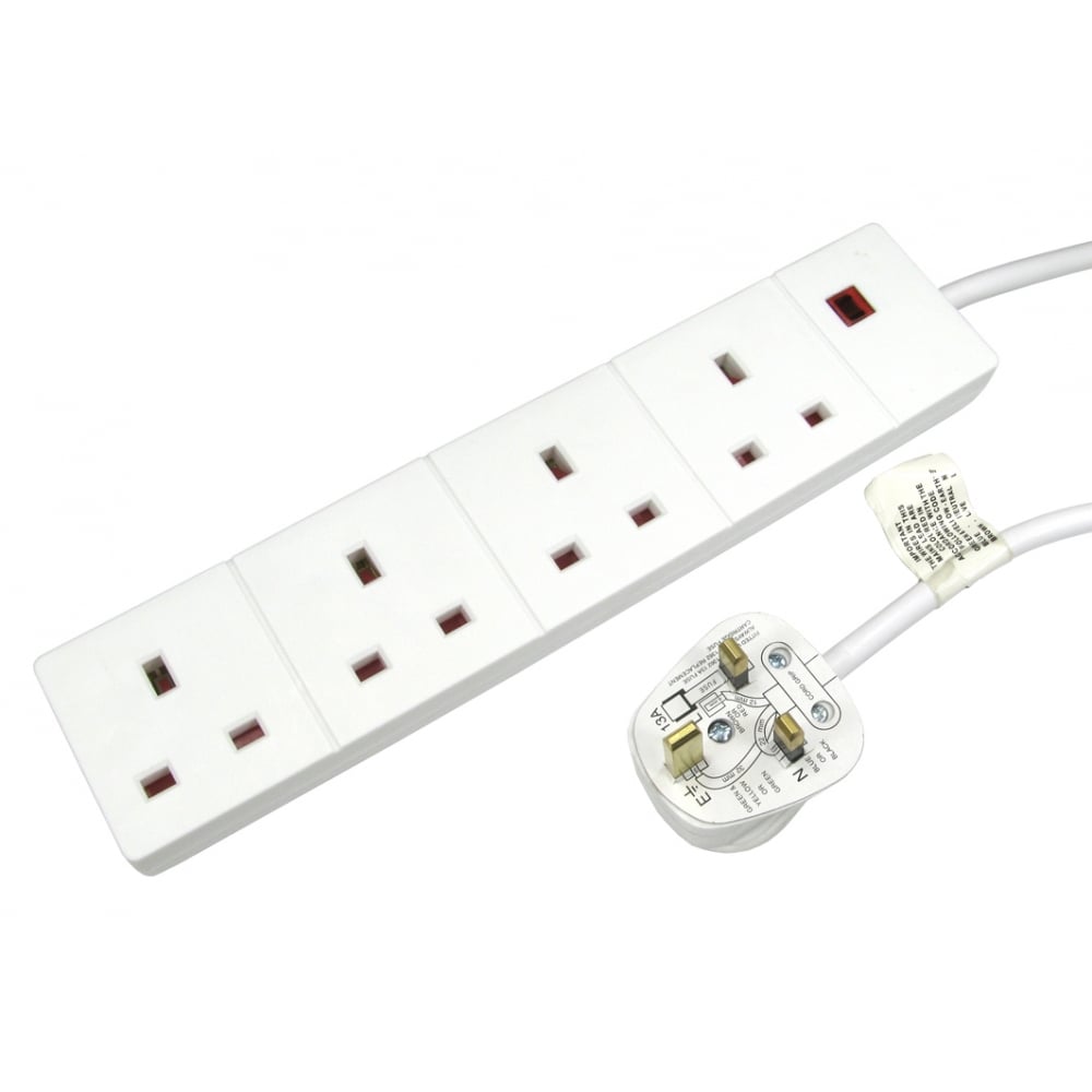 4 Socket Extension Lead 2m Cable White BS Approved