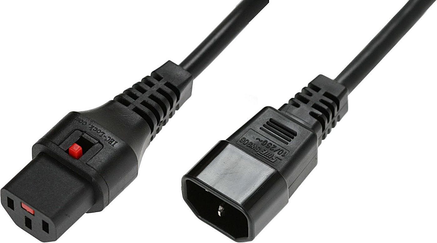 2m Locking C14 to C13 Power Lead 10A, IEC Lock, Black