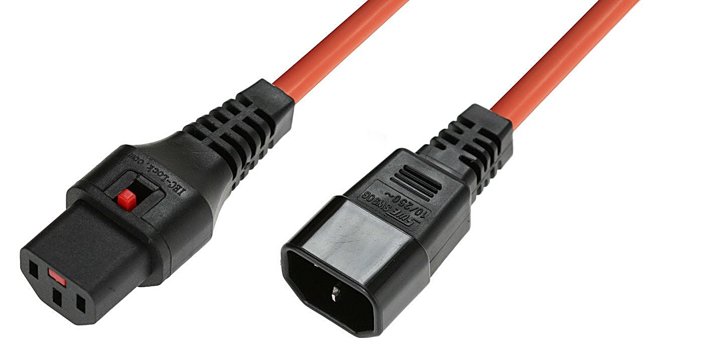 1m Locking C14 to C13 Power Lead 10A, IEC Lock, Orange