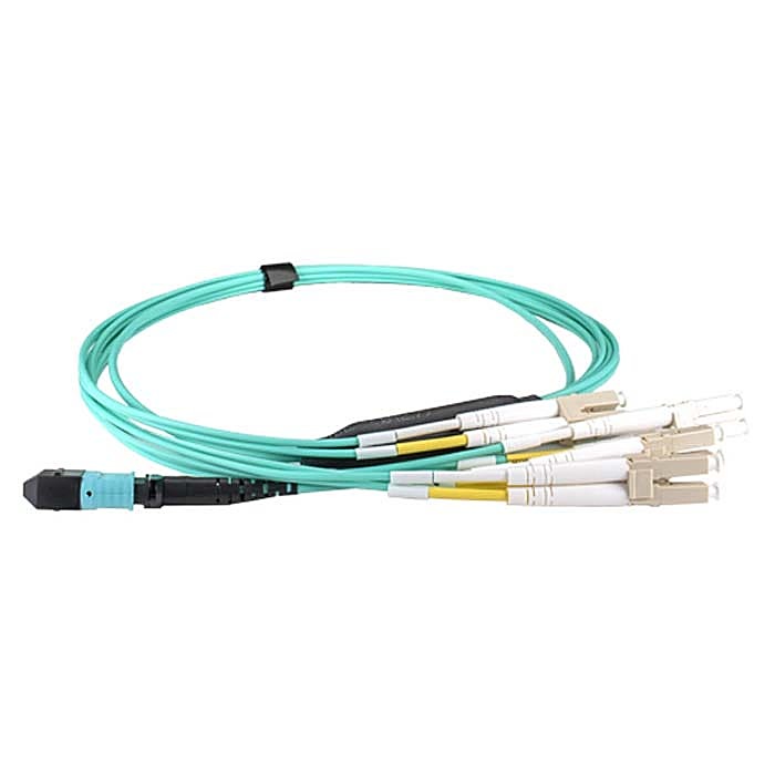 10m OM4 MTP to 4x LC Duplex Breakout Cable Aqua